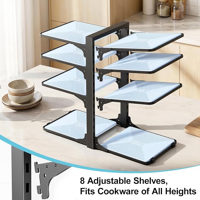 LAMU Pots and Pans Organizer Under Cabinet with 8 Adjustable Non-Slip Dividers,Pan Organizers Inside Cabinet,Iron Frame with Plastic Shelves,15-Inch Height for Small Kitchen Storage,Black