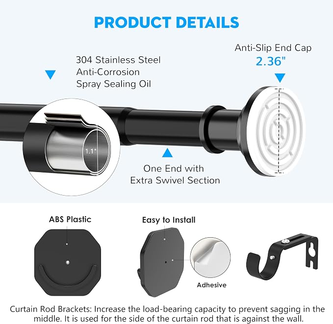 Outdoor Tension Rods No Drilling Curtain Patio Shower Bathroom Curtain Rod Windows Heavy Duty 40-100 Inch Black Adjustable 1.1 Inch Diameter Thick Spring No Rust
