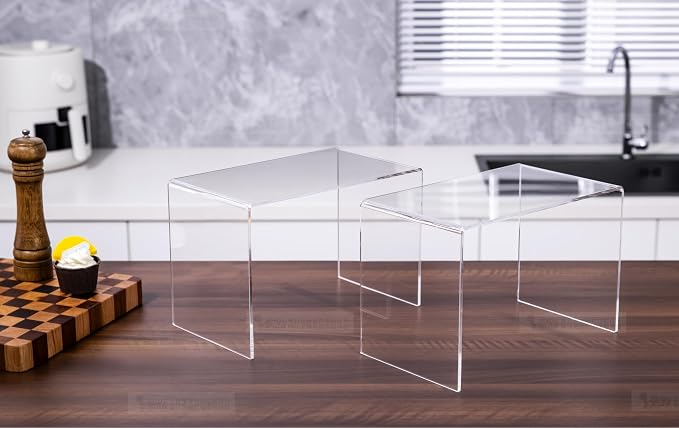 CLAY TONIC 2-Pack Large 5MM Thickness Acrylic Display Risers for Kitchen Organizer and Storage Retail Display (2, 12x7x8 Inche)