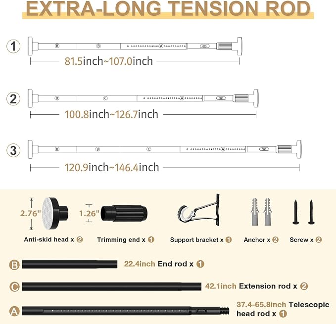 Black Tension Curtain Rod 41-146In(4-12Ft), Extra Long Outdoor Curtain Rod No Drilling for Window or Bathroom Patio, Adjustable Heavy Duty Shower Rod,Rod Diameter 1.26In-One-bond stretching
