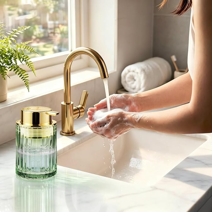 Foaming Hand Soap Dispenser, 8oz Refillable Sage Green Glass with Gold Pump, for Liquid Soap or Lotion, Vertical Ribbed Decor for Bathroom Vanity, Kitchen, Commercial Use - 1 Pack