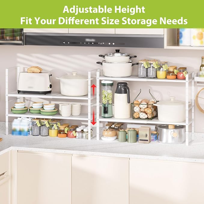 Expandable Cabinet Shelf Organizer Rack, Stackable Kitchen Counter Storage Shelves Stand, Adjustable Height Pantry Shelf Spice Rack (White-2 Pack, 8.7" D x 15.4-26.8" W x 9.8" H)