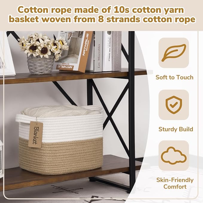 Goodpick Woven Storage Basket for Shelves, Medium Empty Gift Basket with Handles, Square Wicker Dog Toy Baskets, White and Jute Storage Bin, 13 x 10 x 9 Inches