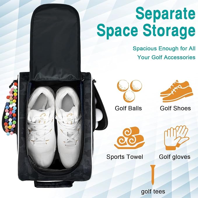 Wolt |Golf Shoe Bag for Travel- Zippered Shoes Carrier Bags with Ventilation & Double Outside Accessory Pocket for Socks, Tees, Golf Balls, Etc. for Women and Men (CamoBlack)