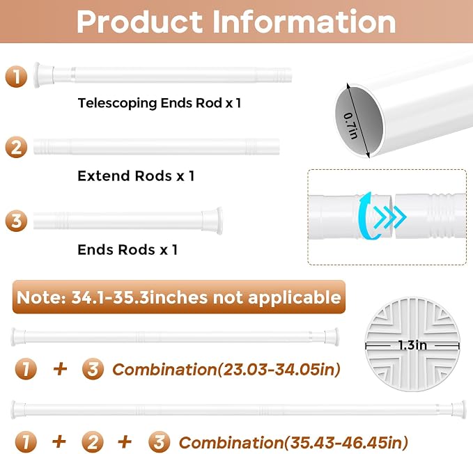 1 Pack Spring Tension Curtain Rods 24-46 Inches, Spring Loaded Curtain Rods No Drilling, Adjustable Expandable Tension Rod for Window Doorway Doorway Kitchen Curtain Bedroom Closet, White
