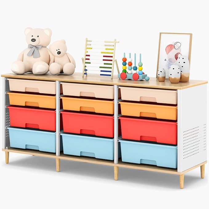 12 Drawers Storage Cabinet with Wooden Top and Plastic Bins, Toy Storage Organizer Toy Shelf Storage Chest Cubby Organizer for Home, Office, Playroom, Classroom & Craft Room Storage (Multicolored)