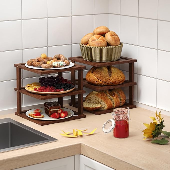 2 Pack Bamboo Corner Shelf,3 Tier Kitchen Cabinet Organizer for Plates and Dishes,Pantry Storage and Spice Rack（Brown）