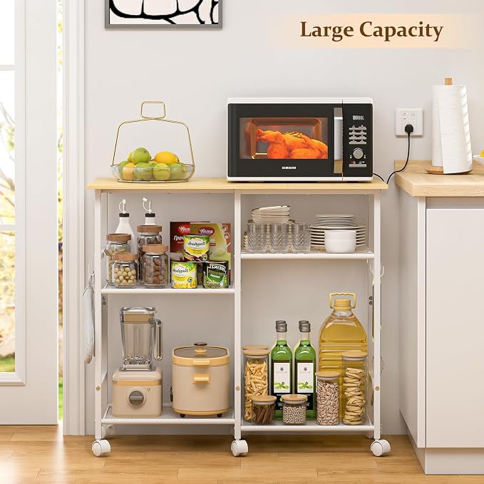 ThreeHio Rolling Kitchen Microwave Cart, 3-Tier Microwave Stand with Adjustable Shelf, Kitchen Storage Island on Lockable Wheels, Coffee Bar Baker's Rack Cart for Living Room, Office, Balcony, White