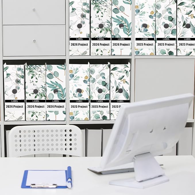 PerKoop 12 Pcs Decorative Magazine File Holders Floral Foldable File Folders Magazine Storage Boxes Rack Desk Organizer Documents with Printable Labels for School Office Home (Eucalyptus Leaves)