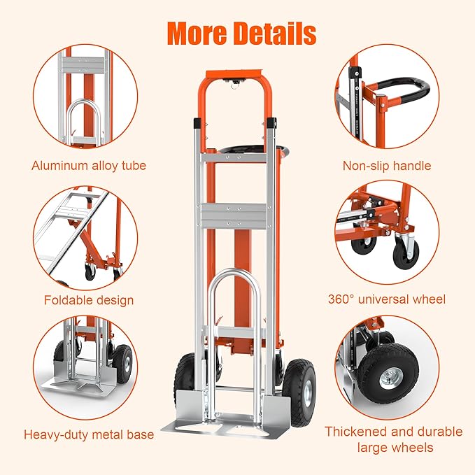 3 in1 Convertible Hand Truck, Folding Aluminum Hand Trucks 880lb Load Appliance Dolly, Heavy Duty Dolly Cart Converts Platform Cart, Portable Cart Luggage,Travel,Moving,Shopping,Office Use (Orange)