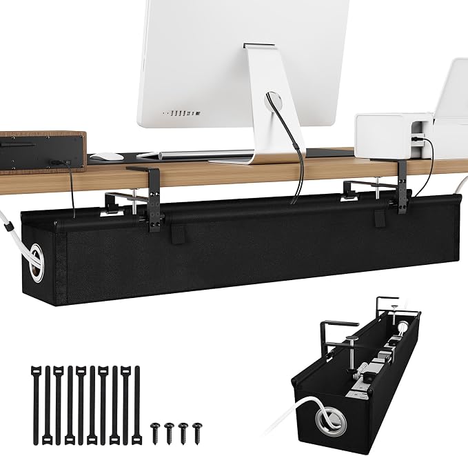 KEEGH Under Desk Cable Management Tray 36", Fabric Clamp/Screw Mount Cord Organizer, No Drill Under Desk Cable Tray for Home, Offices, Studios, Gaming Room (Black)
