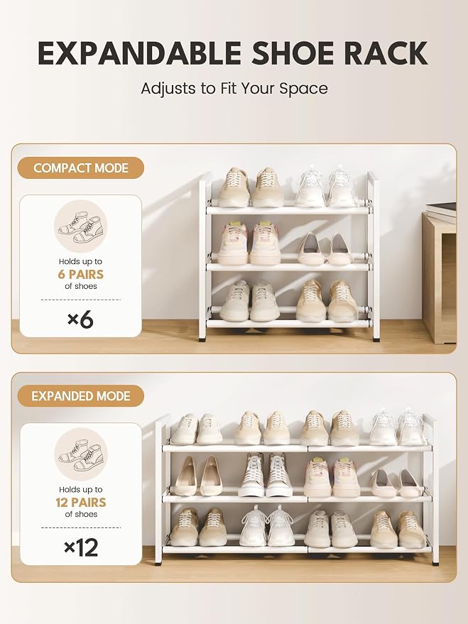 Bumusty 3-Tier Expandable Shoe Rack for Closet, 18“-33” Adjustable Shoe Rack for Small Space, Small Shoe Organizer for Front Door, Sturdy Metal, White