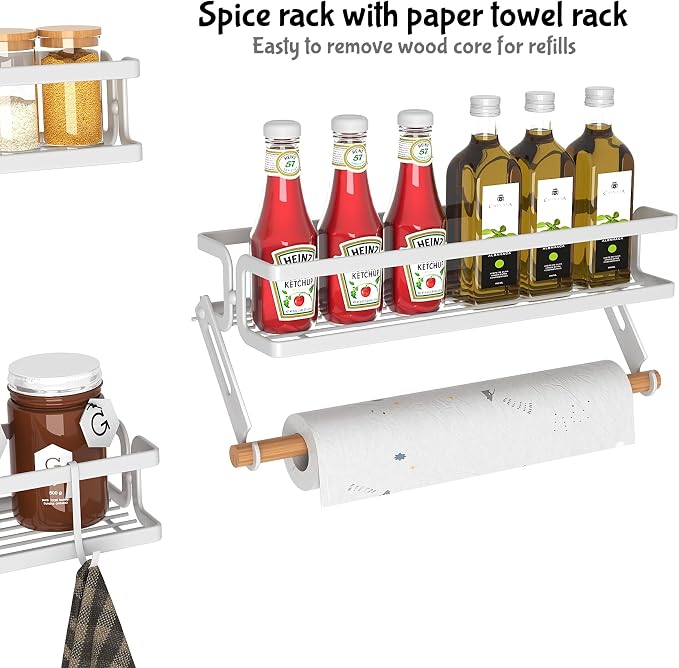 3 Pack Spice Rack Wall Mount, White | Paper Towel Holder and Hooks, Screw or Adhesive Hanging, Space Saving, For Stove, Cabinet, Pantry