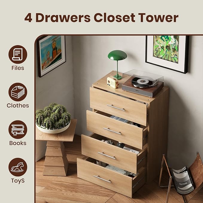 ROOMTEC 19.5" 4 Drawer Short Tower Closet Unit, Modular Closet System with Drawers and Shelf, Wardrobe Organizer for Bedroom or Walk-in Closet, Wall Mounted, Customizable Clothes Storage Unit, Wood