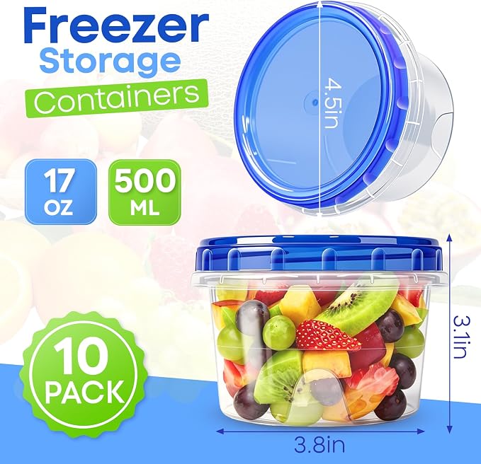 Freezer Storage Containers, 10 Pack-16 Oz Food Storage Containers with Twist Top Lids,BPA Free, Reusable, Meal Prep,Microwave and Dishwasher Safe