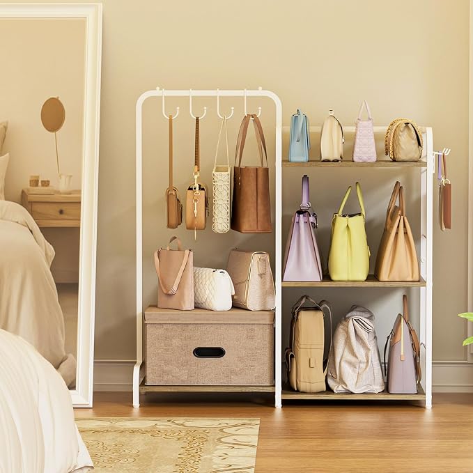 Purse Organizer for Closet, Large Capacity Purse Rack with 2 Purse Hangers and 5 Purse Hooks for Bag Organizer, Freestanding 3-Tier Handbag Organizer for Purse Storage, Ironwood Purse Holder, White