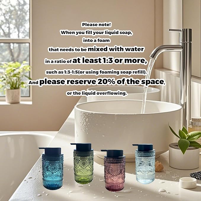 Foaming Hand Soap Dispenser,Vintage Glass Soap and Lotion Dispenser for Bathroom,Kitchen Dish Soap Dispenser with Silver Foam Pump,Cute Farmhouse Antique Decor (Pink+Foam Pump)