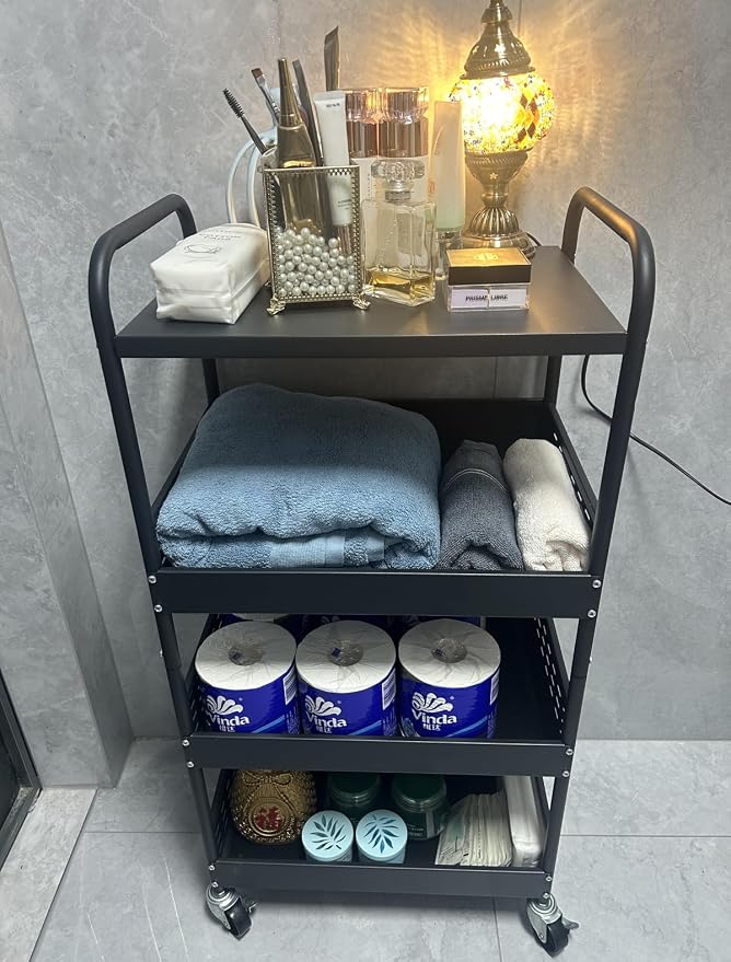 Stable 4 Tier Rolling Metal Storage Organizer, Heavy Duty Kitchen Rolling Cart, Metal Top Vegetable Storage Cart with Wheels for Kitchen Pantry Utility Use (Black)
