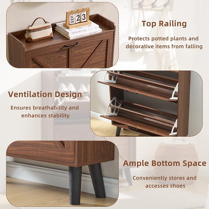 LEYAOYAO Shoe Cabinet Storage for Entryway with 2 Flip Drawers Rack Narrow Organizer Slim Hidden Wood Shoe Cabinet Furniture Walnut