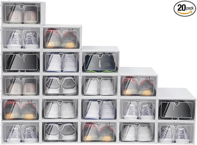 20 Pieces Clear Plastic Shoe Storage Boxes,Drawer Stackable Sheer Shoes Case,See Through Foldable Durable Shoe Organiser Cabinet Each 9 * 13 * 5.5inch