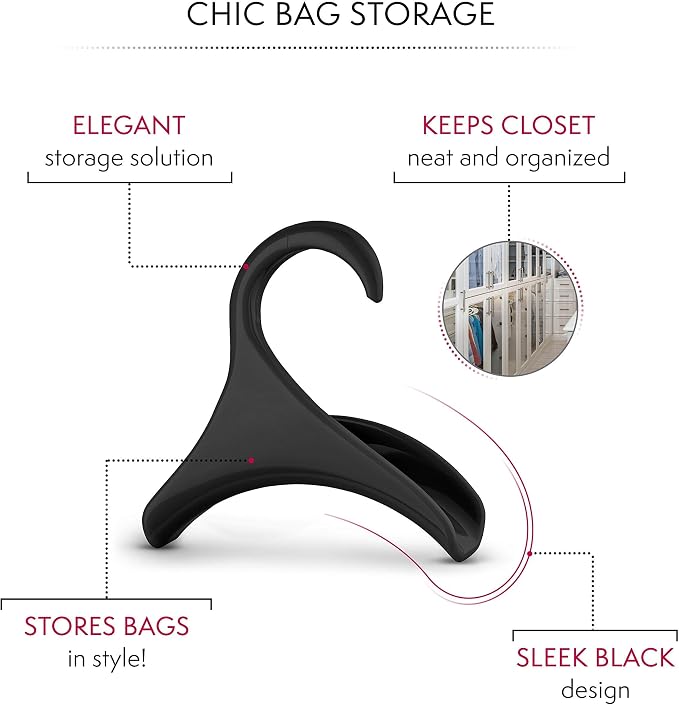 Bag-a-Vie Purse Hanger for Closet - Handbag Organizer Hooks for Hanging Bags & Purses, Protecting Bag Shape & Organizing Space (3 Hangers, Black Plastic)