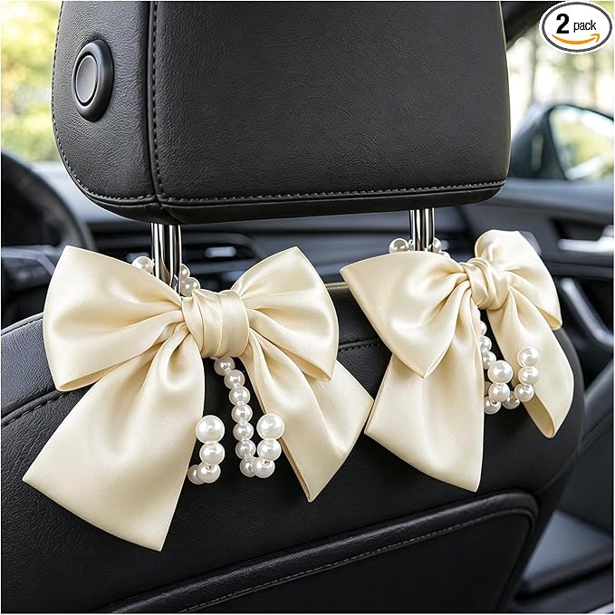 2 PCS Bow Pearl Car Seat Headrest Hook, Car Seatback Hanging Organizer Elegant Pearl Purse Hanger, Cute Bow Vehicle Interior Headrest Storage Hook for Handbag Purse Coat (Beige)