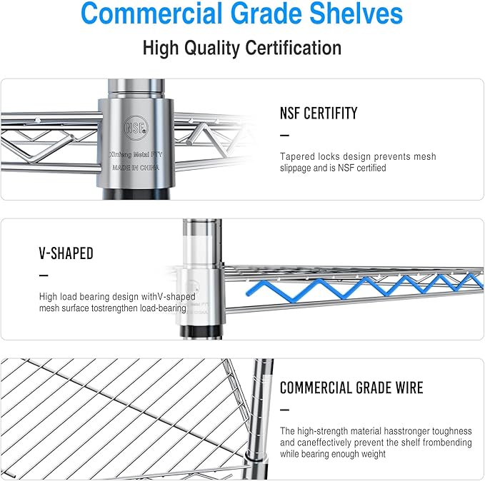 6-Tier NSF Metal Corner Shelf Wire Shelving Unit - 600lbs Capacity, Adjustable, with leveling feet & Shelf Liners - Ideal for Garage, Kitchen - 20" L x 20" D x 72" H - Pentagonal-Shape - Chrome