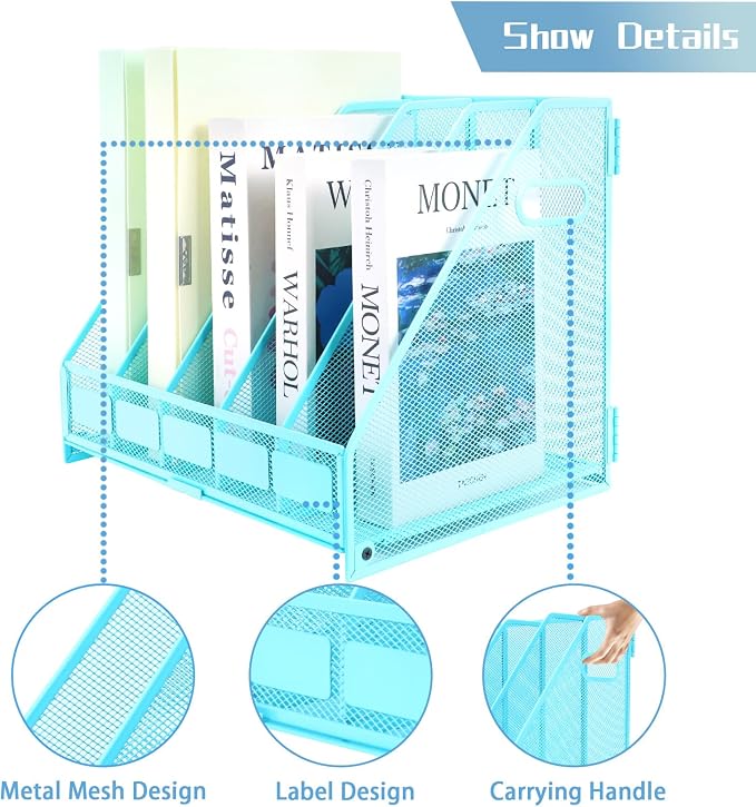 Desk Organizers Metal Magazine File Holder Racks Desktop Folder Storage Binder Organiser Document Organization for Home Office & Classroom,5 Vertical Compartments-Blue