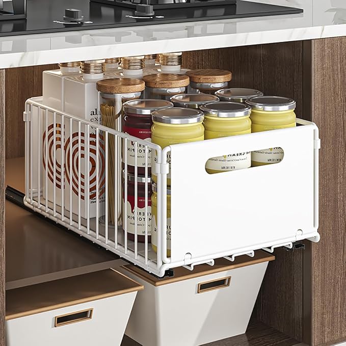 YunNasi Pull Out Cabinet Organizer Slide Out Drawer Storage Shelves Cupboard Organiser Sliding Cabinet Basket for Kitchen No Drilling and Nailing (White, 4Piece 9.8"W X15"D X 7.5"H)