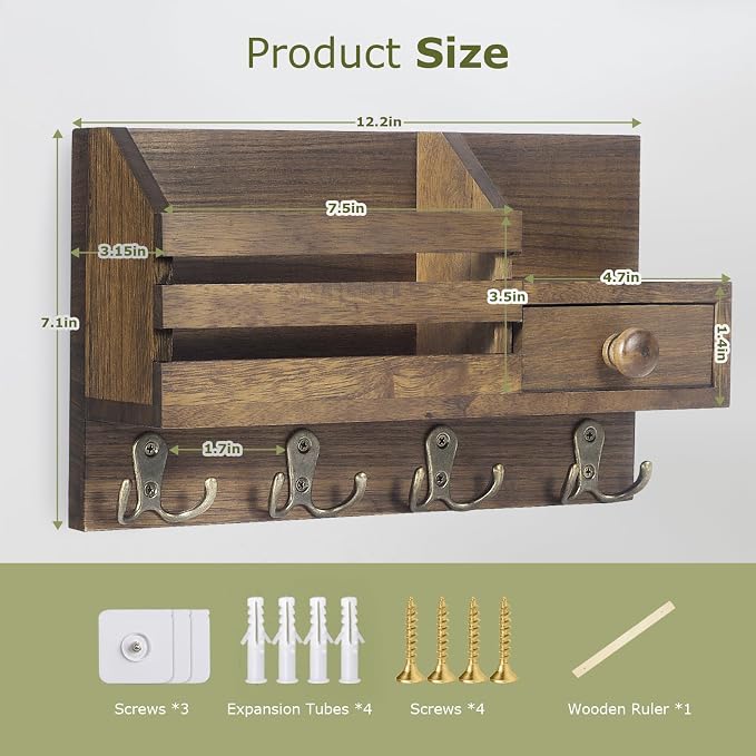 Key Holder Wall Mount, Wooden Adhesive Mail and Key Organizer with Drawer, Small Shelf, 8 Hooks, 2 Installation Methods, Brown
