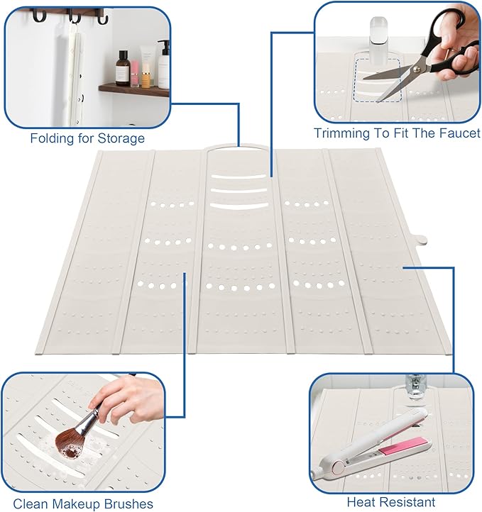 Mofason Large Bathroom Sink Makeup Mat Space Saver,Silicone Makeup Organizer Cover for Over Countertop,Small Bathroom Must Haves Accessories Rv Camper Travel Foldable Gadgets-Pearl