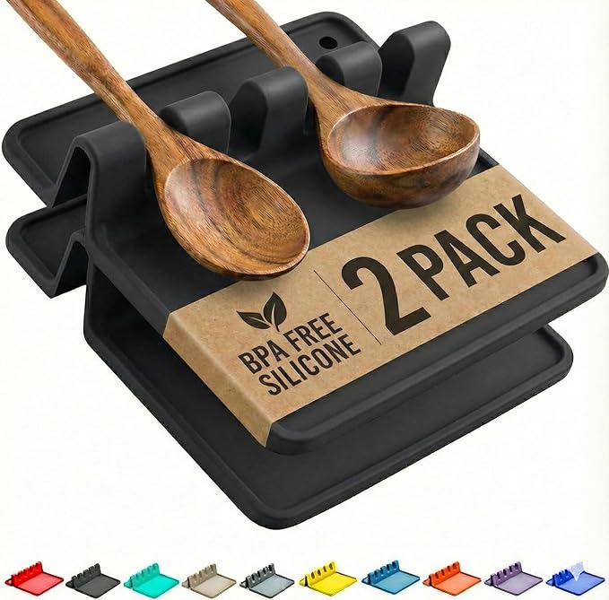 Cooler Kitchen Black Silicone Spoon Rest for Stove Top with Drip Pad (Two Pack) - Heat-Resistant, BPA-Free Utensil Rest & Spoon Holder for Kitchen Counter - Grill Utensil Holder for Spatulas