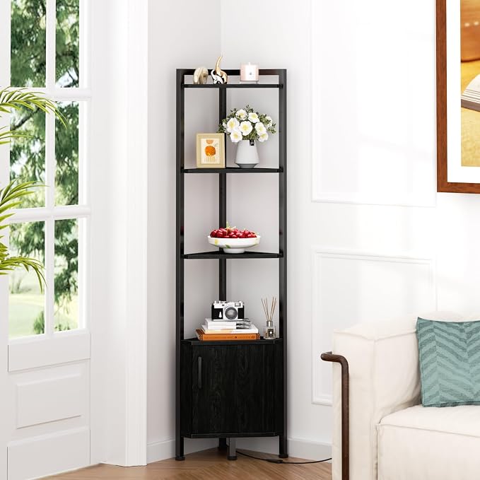 Furnulem Corner Shelf,5-Tier Corner Cabinet with Storage and LED Light, 62.8” Standing Display Bookshelf for Bedroom, Living Room, Kitchen, Wood Display Shelf (Black Oak) | 62.8”Tall Corner Bookshelf with Storage Rack for Bedroom,Living Room,Kitchen,Me...