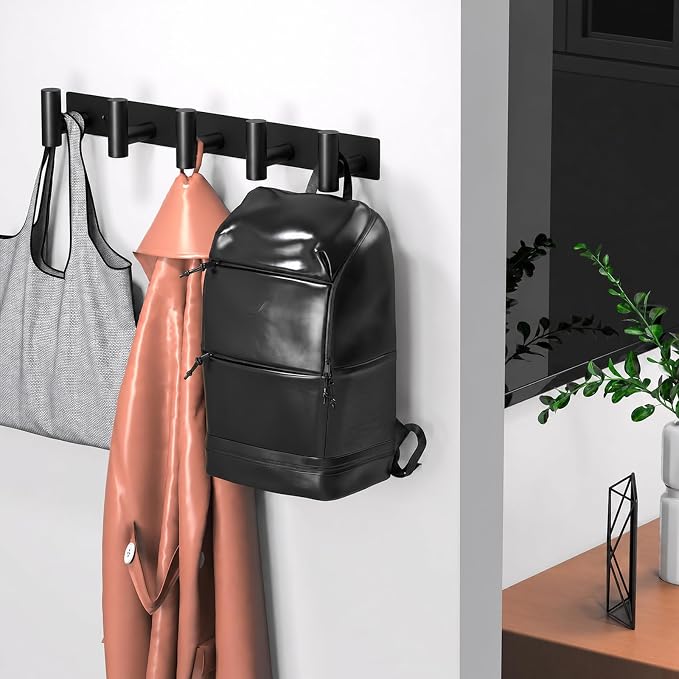 Coat Rack Wall Mounted with 5 Hooks,Heavy Duty Stainless Steel Wall Hooks for Towel Coat Bag, Hat Rack Coat Hanger Coat Hooks Towel Racks for Bathroom Entryway Kitchen Hotel (Black, 2 Packs)