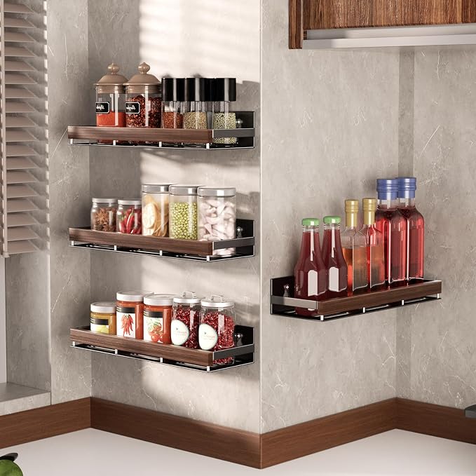 Walnut Magnetic Spice organizer for Refrigerator Wall Mount Spice Rack Magnetic Fridge Shelf Spice Jar Seasoning Organizer (Walnut 4 Pack)