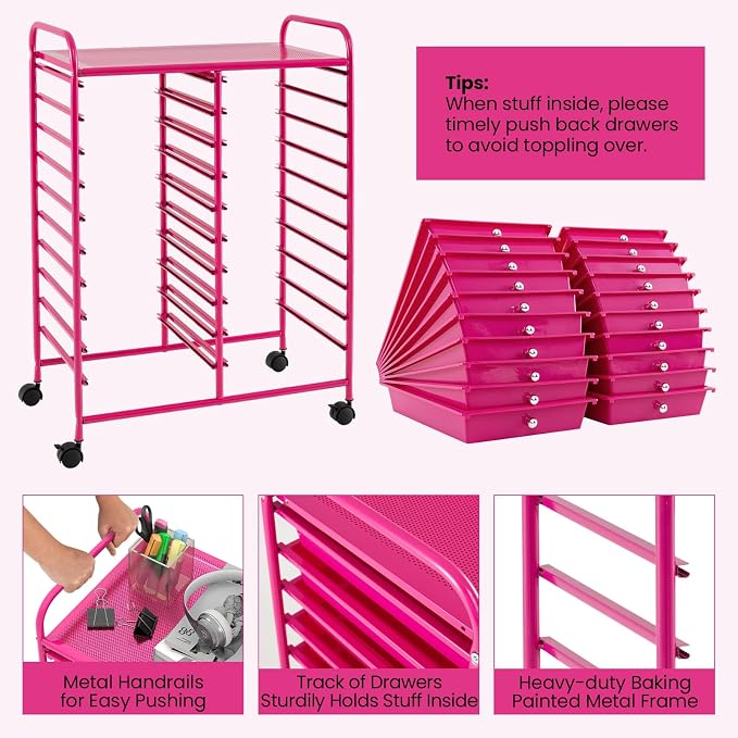 DREAMADE Rolling Cart with Storage Drawers, Utility Cart w/Removable Plastic Drawers, Lockable Wheels, Art Cart for Classroom Organization Art Supplies Office Scrapbook (20 Drawers, Hot Pink)