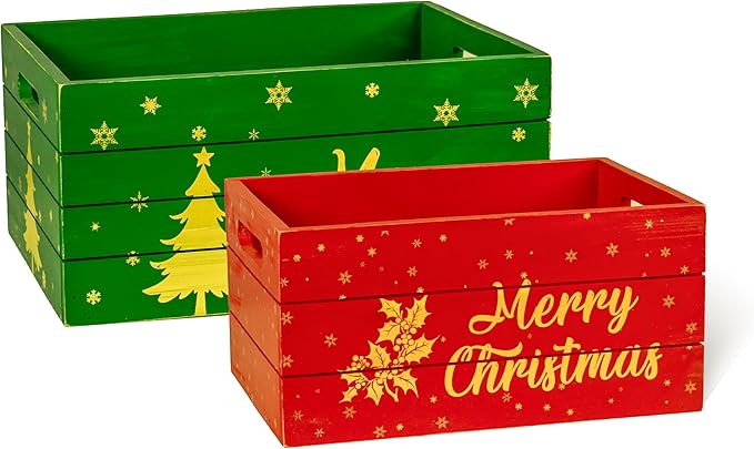 Red Co. Set of 2 Red and Green Decorative Nesting Wooden Merry Christmas Storage Crate Organizers with Golden Lettering