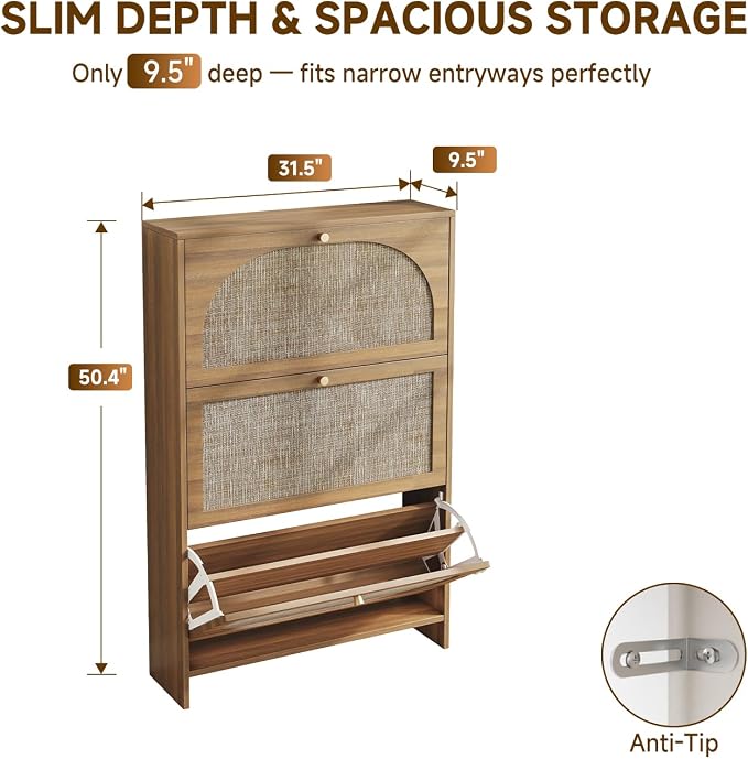 Nicetree Shoe Storage Cabinet for Entryway, Modern Walnut Shoe Cabinet with Tiered Fluted Design, 9.5" Slim Shoe Rack for Small Spaces, Narrow 4 Flip Drawers Hidden Shoe Organizer