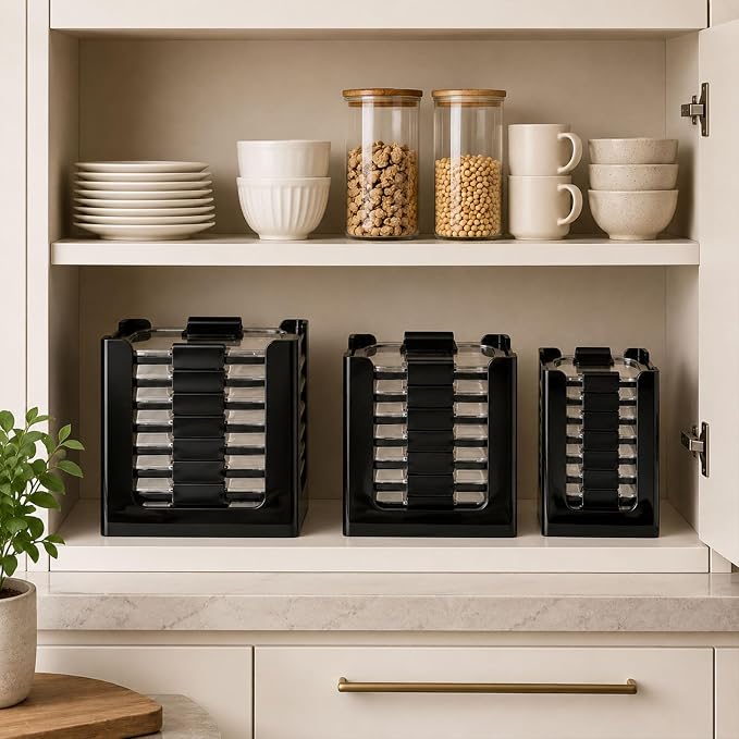 3PCS Clear Acrylic Food Container Lid Organizer for Rubbermaid Brilliance Nap-on Lids, Stackable Lid Holder Rack, Kitchen Storage Holder 4.7 Cup, 3.2 Cup, 1.3 Cup. 0.5 Cup Container，Black