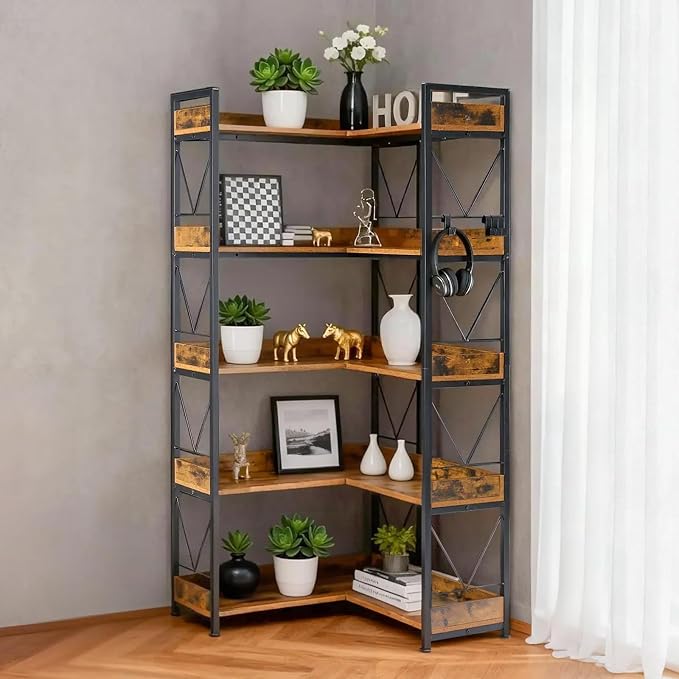 DUMOS 65 inch L Shaped Bookshelf, 5 Tier Corner Bookcase with Hooks and Edge, Industrial Pantry Shelves with Metal Frame, Wooden Open Storage for Living Room, Home Office, Bedroom, Rustic Brown | Industrial Pantry Shelves with Metal Frame, Wooden Open ...