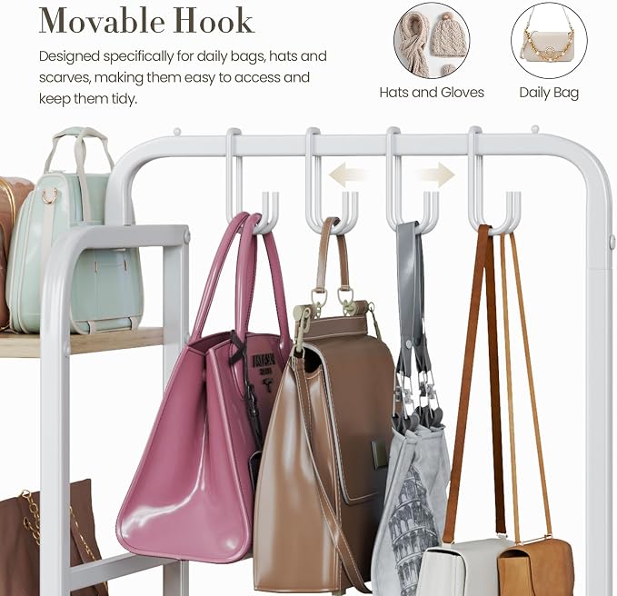 Purse Organizer for Closet, with Bottom Drawer, Extra Large Capacity 3 Tier Handbag Storage Rack for Women, 10 Purse Hanger and Hooks for Bag Organizer, Floor-Standing, Home, Living Room (Wooden)