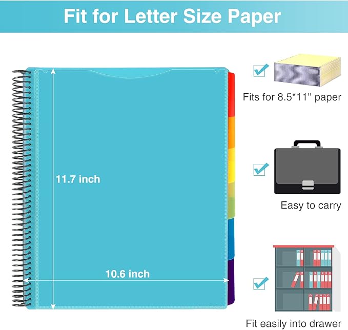 Forvencer 12 Pocket Project Organizer, 1/6-cut Tab Binder Organizer with Sticky Labels, Multi Pocket Folder with Zipper Pouch, Folder Binder Spiral Pocket Notebook, Office Supplies, Letter Size, Blue