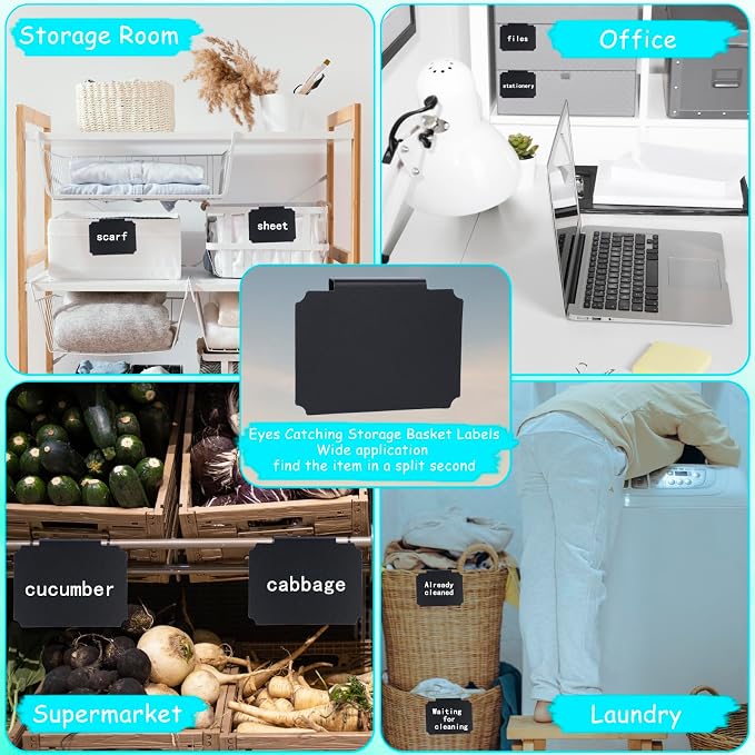 20 Pieces Basket Labels Clip On Set for Storage Bins Kitchen Pantry Basket Box Cube Laundry Organization, with 32 Pieces Removable Chalkboard Tag Stickers and 12 Pieces Chalk Marker