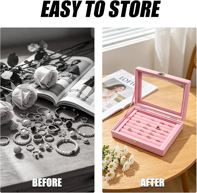Small Velvet Jewelry Tray with Clear Lid, Lockable Ring Earring Holder Organizer Storage Box Case Jewelry Box Organizer for Rings Earrings Bracelets Brooches, 8 Rolls Pink