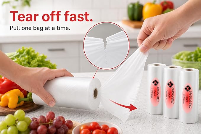 Mr Miracle Plastic Produce Bags for Food Storage - 12"x20" Clear Grocery Bag for Fruits, Vegetables, Bread - Easy Peel-Off Design, Continuous Roll, 1.75" Core, Pack of 1440 Bags [4 rolls]