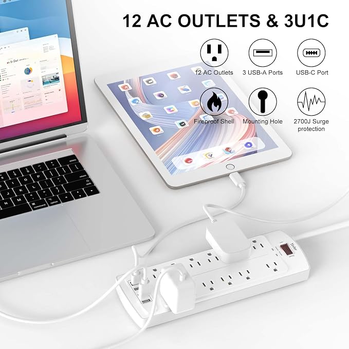 10 Feet Extension Cord Power Strip, Yintar Surge Protector with 12 AC Outlets and 4 USB Ports, 2700 Joules, ETL Listed, White