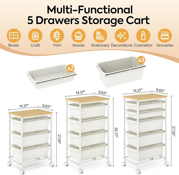 Slim Rolling Storage Cart with 5 Drawers, Craft Organizer, Wooden Tabletop Utility Cart for Bedroom, Children's Room and Office Organization, Table Side Trolley with Lockable Wheels, White