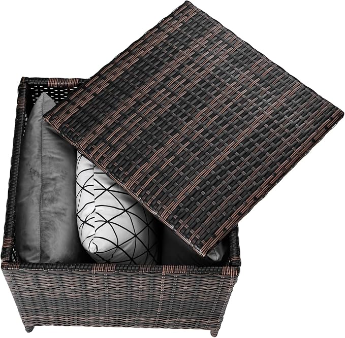 VINGLI 27 Gallon Outdoor Deck Box, Wicker Outdoor Storage Box with Lid, Small Storage Bin Container for Outside and Patio, Patio Rattan Side Table for Yard Porch (Brown, Square)
