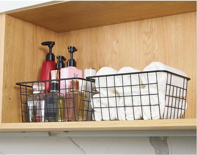 JUNCHU CHERRY Wire Kitchen Storage Basket 5 Packs,Perfect Pantry Organization Accessories Basket,Laundry,Countertop Organization,Suitable for Kitchen,Bathroom,Bedroom,Tabletop,Stackable,Black