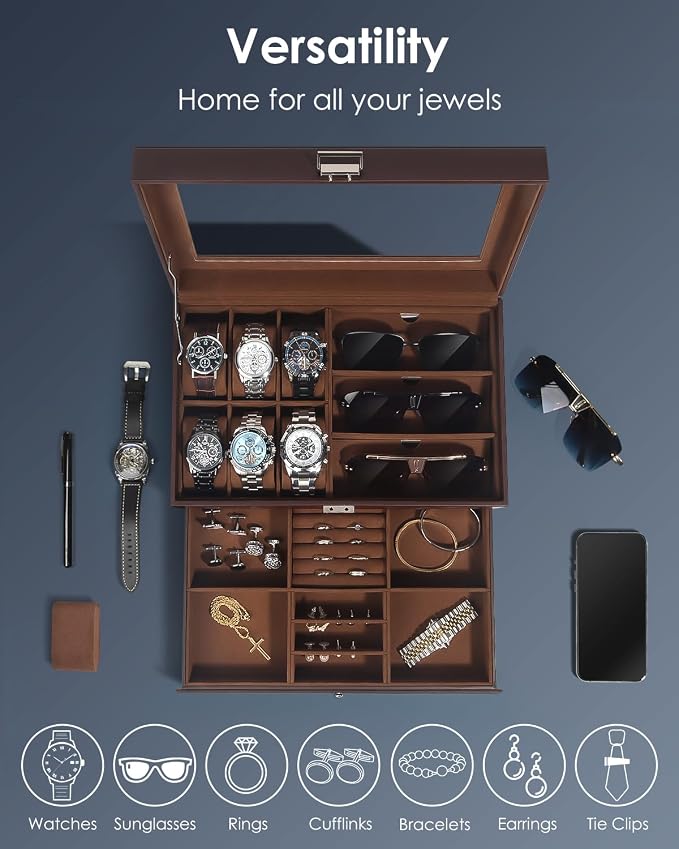 Kukikan Watch Jewelry Box Organizer, 6-Slot 2-Layer Watch Case and Sunglasses Storage with Large Glass Lid, Men's Jewelry Box with Lock, Watch Holder Display Case, Fathers Day Gift for Dad
